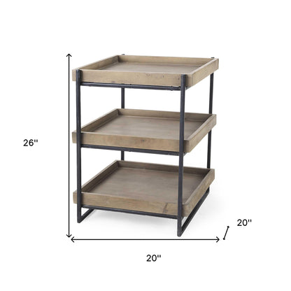 Table d'appoint carrée en bois massif marron de 26 po avec deux étagères