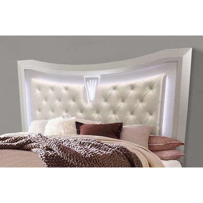 Lit Queen Size couleur champagne avec tête de lit rembourrée et éclairage LED, 2 tiroirs