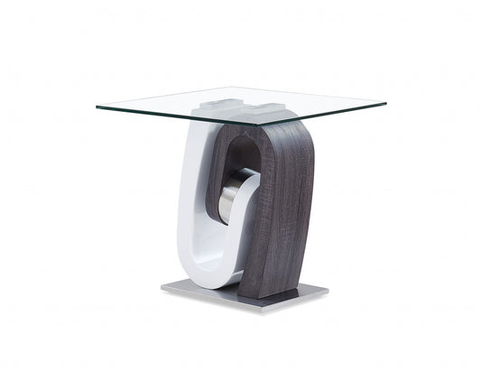 Table d'appoint carrée en verre blanc, gris et transparent de 23 po