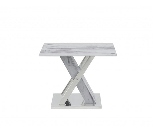 Table d'appoint carrée en bois massif et manufacturé argenté et blanc de 18 po