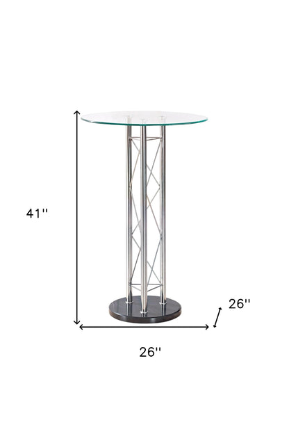 26" Clear Silver And Black Glass And Metal Round Bar Table