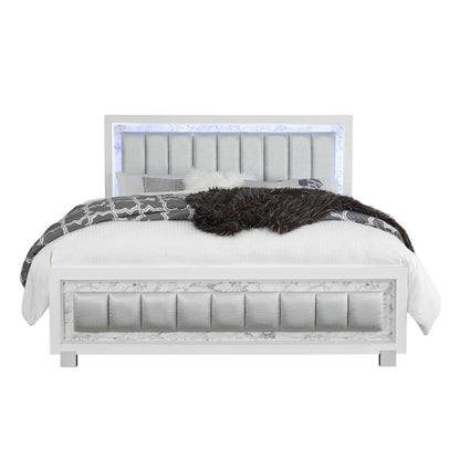 Lit Queen Size blanc luxueux et moderne avec tête de lit rembourrée et éclairage LED