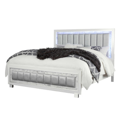 Lit Queen Size blanc luxueux et moderne avec tête de lit rembourrée et éclairage LED