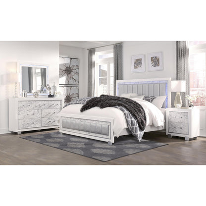 Lit Queen Size blanc luxueux et moderne avec tête de lit rembourrée et éclairage LED