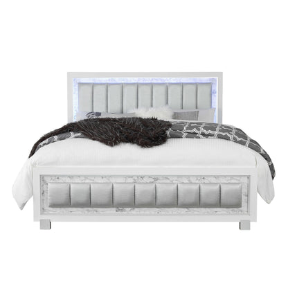 Lit Queen Size blanc luxueux et moderne avec tête de lit rembourrée et éclairage LED