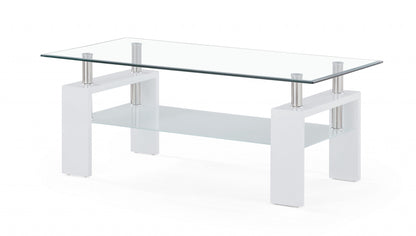 Table basse en verre transparent et blanc de 43 po avec étagère