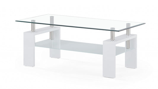 Table basse en verre transparent et blanc de 43 po avec étagère