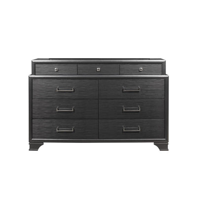 Commode double à neuf tiroirs en bois massif gris de 59 po