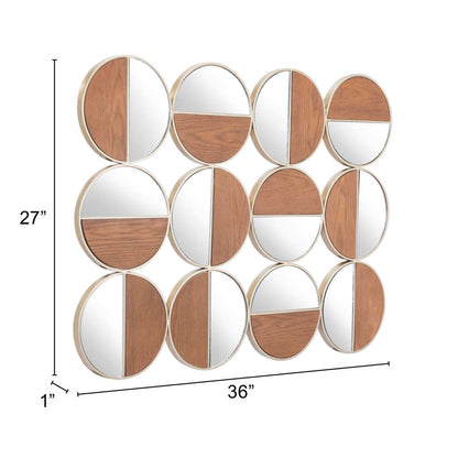 Ensemble de douze miroirs d'appoint ronds encadrés en acier doré et noyer