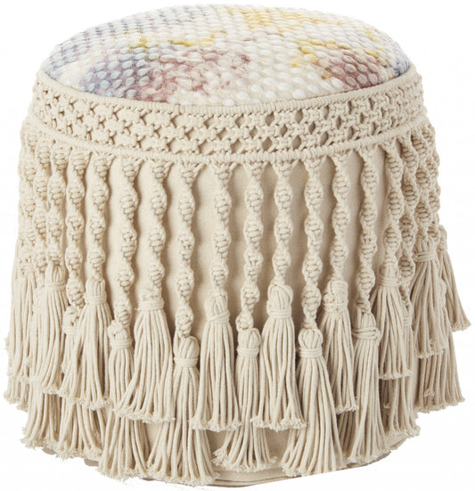 Pouf rond abstrait en coton ivoire et bleu de 18 po