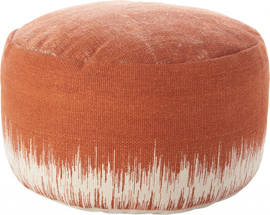 20" Orange and White Cotton Round Abstract Pouf Ottoman