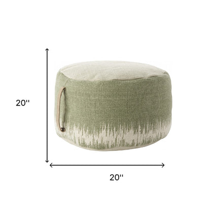 20" Green and White Cotton Round Abstract Pouf Ottoman