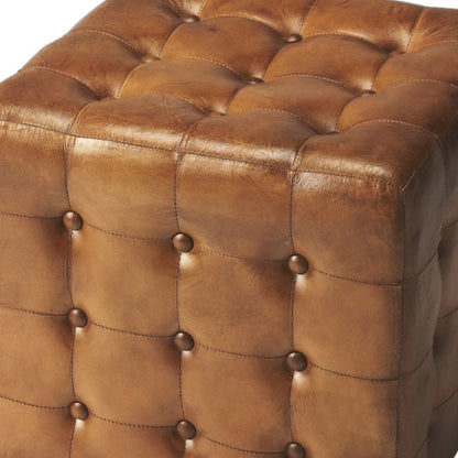 18" Brown Tufted Leather Vintage Style Cube Ottoman