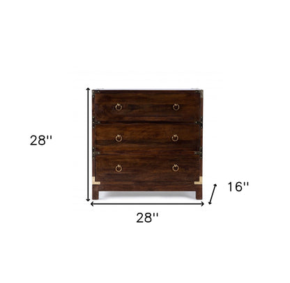 Commode à trois tiroirs en bois massif brun de 28 po