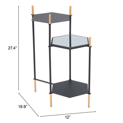 Table d'appoint en verre doré et noir de 27 po avec deux étagères