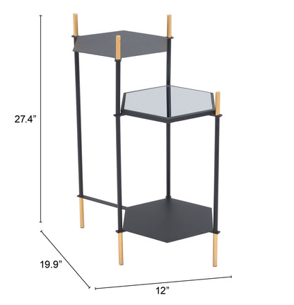 Table d'appoint en verre doré et noir de 27 po avec deux étagères