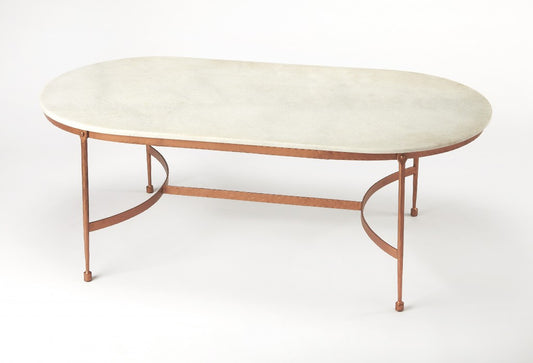 Table basse ovale en marbre véritable et métal blanc et cuivre de 47 po