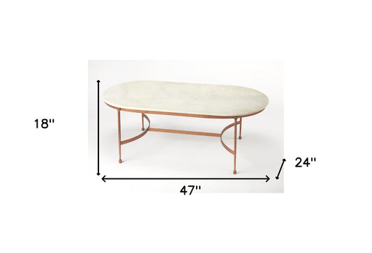 Table basse ovale en marbre véritable et métal blanc et cuivre de 47 po