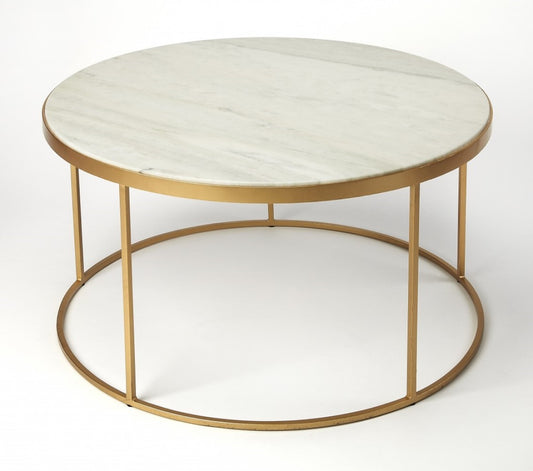 Table basse ronde en marbre et métal multicolore et blanc cassé de 34 po