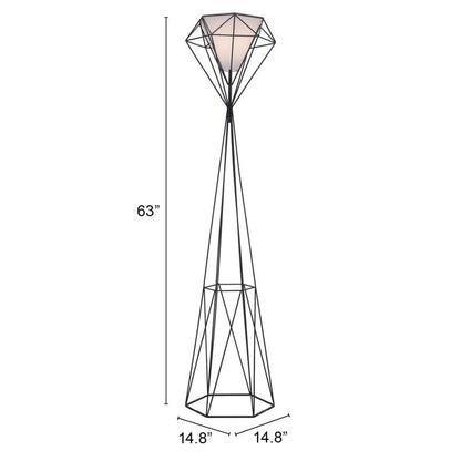 Lampadaire géométrique noir de 63 po avec abat-jour hexagonal en verre dépoli blanc