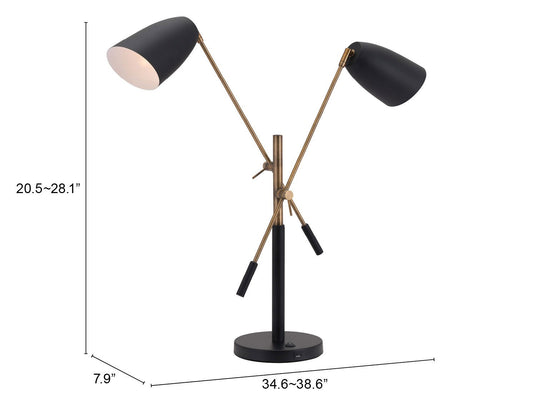 Lampe de table ou de bureau réglable noire et dorée de 28 po