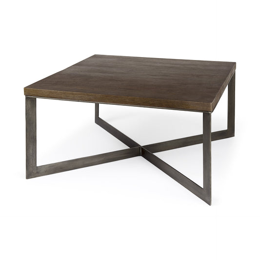 Table basse carrée en bois massif et métal brun de 34 po