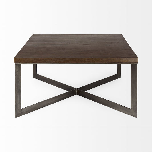 Table basse carrée en bois massif et métal brun de 34 po