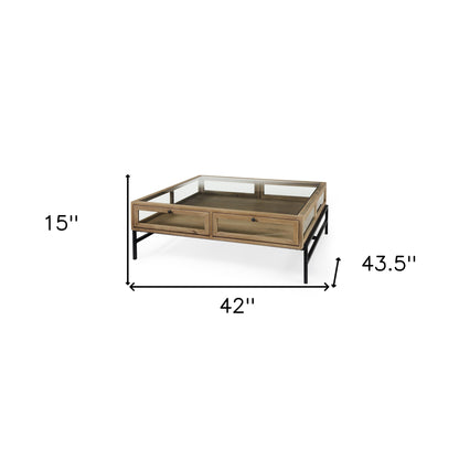 Table basse carrée en verre et métal transparent et noir de 42 po