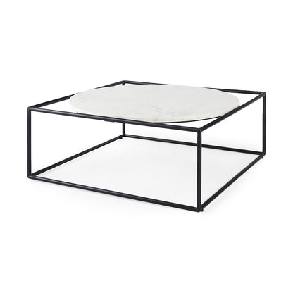 Table basse carrée en marbre véritable et métal blanc et noir de 36 po