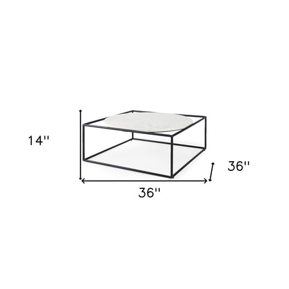 Table basse carrée en marbre véritable et métal blanc et noir de 36 po