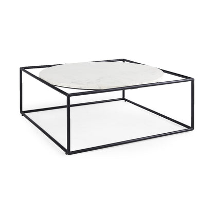 Table basse carrée en marbre véritable et métal blanc et noir de 36 po