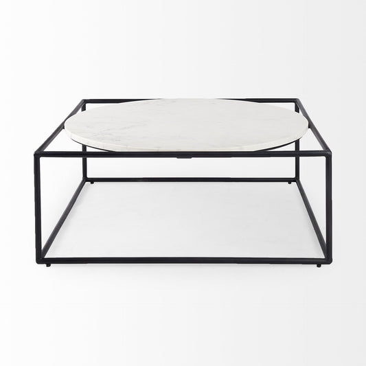 Table basse carrée en marbre véritable et métal blanc et noir de 36 po