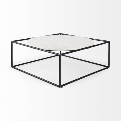 Table basse carrée en marbre véritable et métal blanc et noir de 36 po