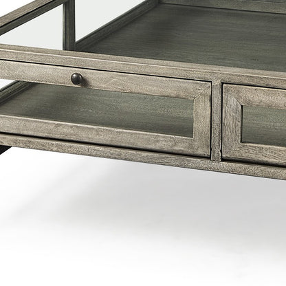 Table basse carrée en verre et métal gris et noir de 42 po avec étagère