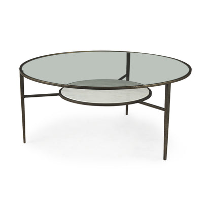 Table basse ronde en verre et métal transparent et bronze de 36 po avec étagère