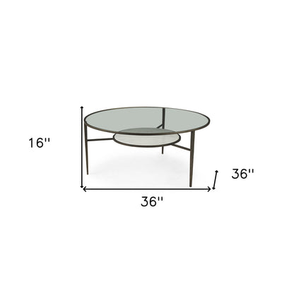 Table basse ronde en verre et métal transparent et bronze de 36 po avec étagère