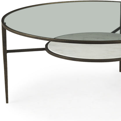 Table basse ronde en verre et métal transparent et bronze de 36 po avec étagère