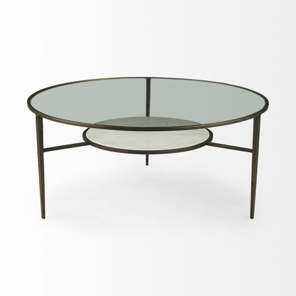 Table basse ronde en verre et métal transparent et bronze de 36 po avec étagère