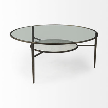 Table basse ronde en verre et métal transparent et bronze de 36 po avec étagère