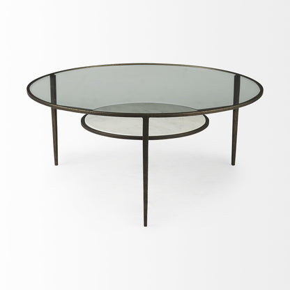 Table basse ronde en verre et métal transparent et bronze de 36 po avec étagère