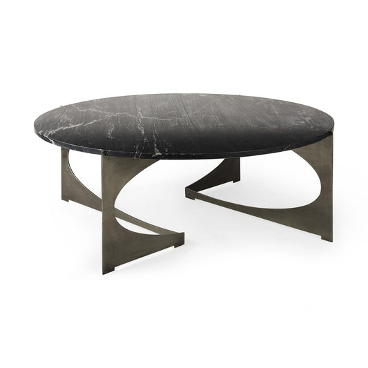 Table basse ronde en marbre véritable et fer noir et doré de 48 po