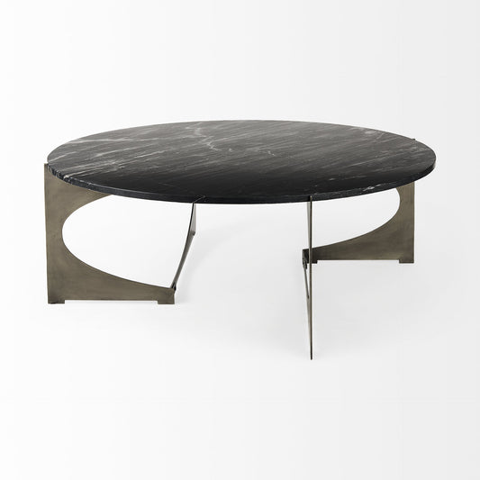 Table basse ronde en marbre véritable et fer noir et doré de 48 po