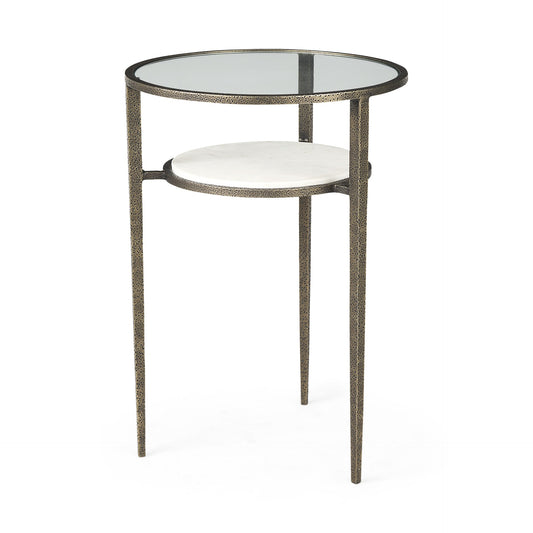 Table d'appoint ronde en bronze, verre transparent et métal de 23 po avec étagère