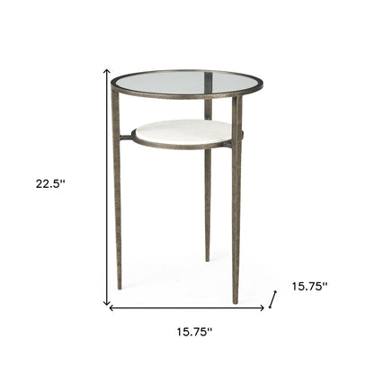 Table d'appoint ronde en bronze, verre transparent et métal de 23 po avec étagère