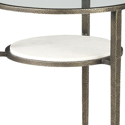 Table d'appoint ronde en bronze, verre transparent et métal de 23 po avec étagère