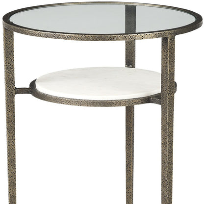 Table d'appoint ronde en bronze, verre transparent et métal de 23 po avec étagère