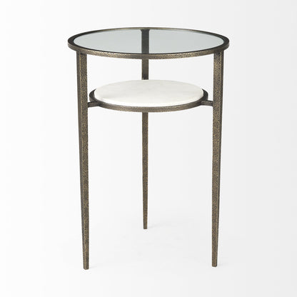 Table d'appoint ronde en bronze, verre transparent et métal de 23 po avec étagère