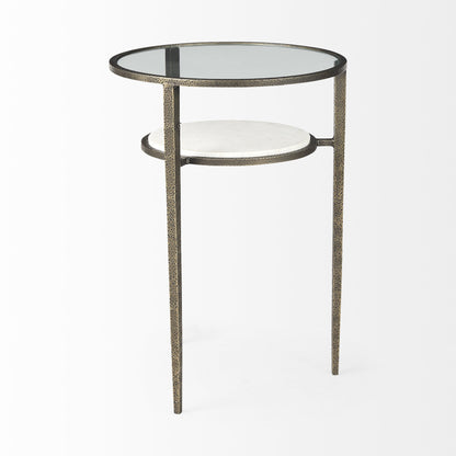 Table d'appoint ronde en bronze, verre transparent et métal de 23 po avec étagère