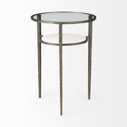 Table d'appoint ronde en bronze, verre transparent et métal de 23 po avec étagère