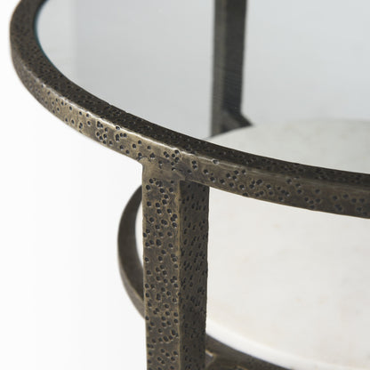 Table d'appoint ronde en bronze, verre transparent et métal de 23 po avec étagère